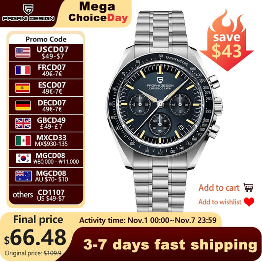 PAGANI DESIGN Men’s Watch – Retro Chronograph Stainless Steel Luxury Sports Quartz