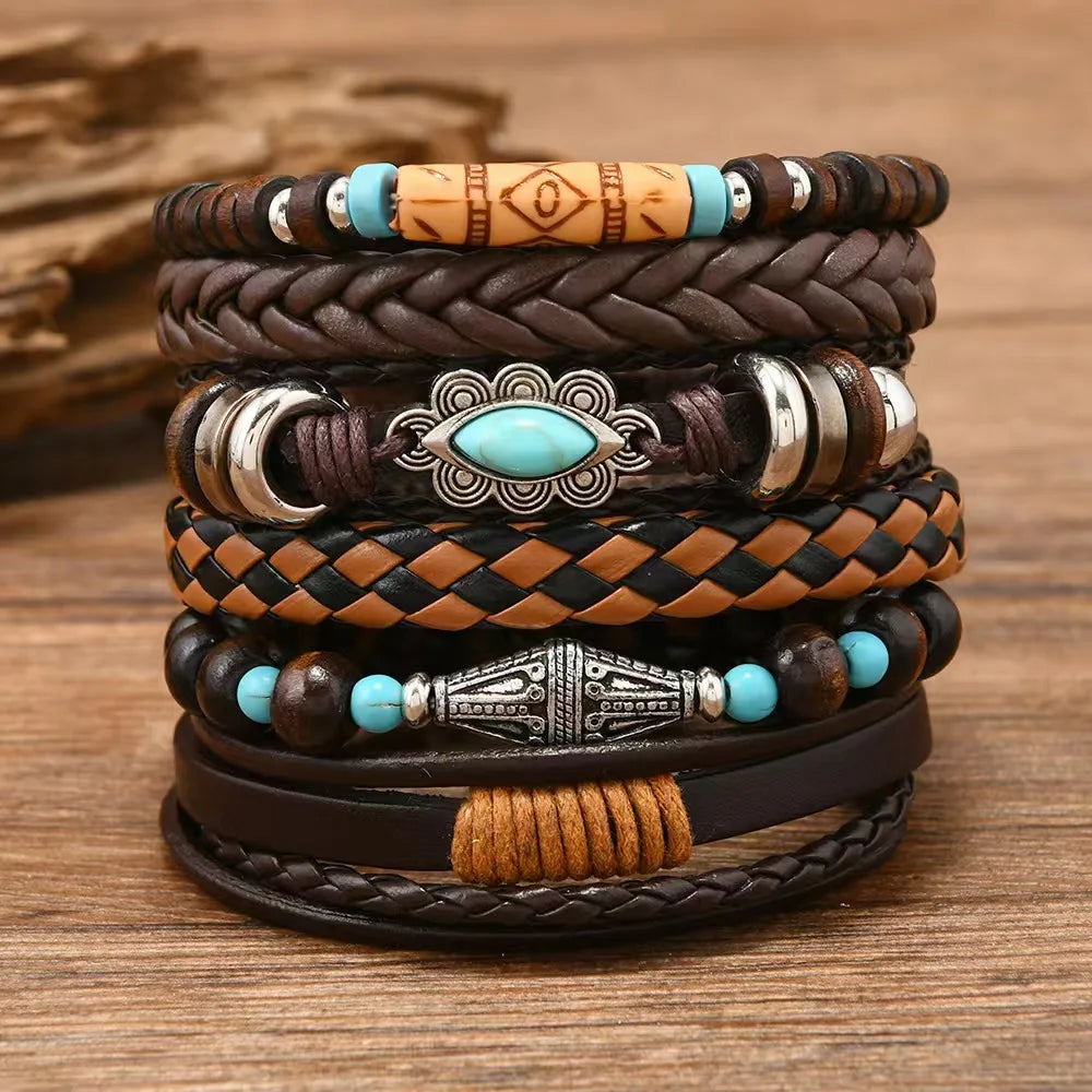 Vintage Feather Casual 6 Pc/set Tree Handmade Men Bracelets Male Women Leather Bracelets Men Bangle Wholesale Jewelry Gift