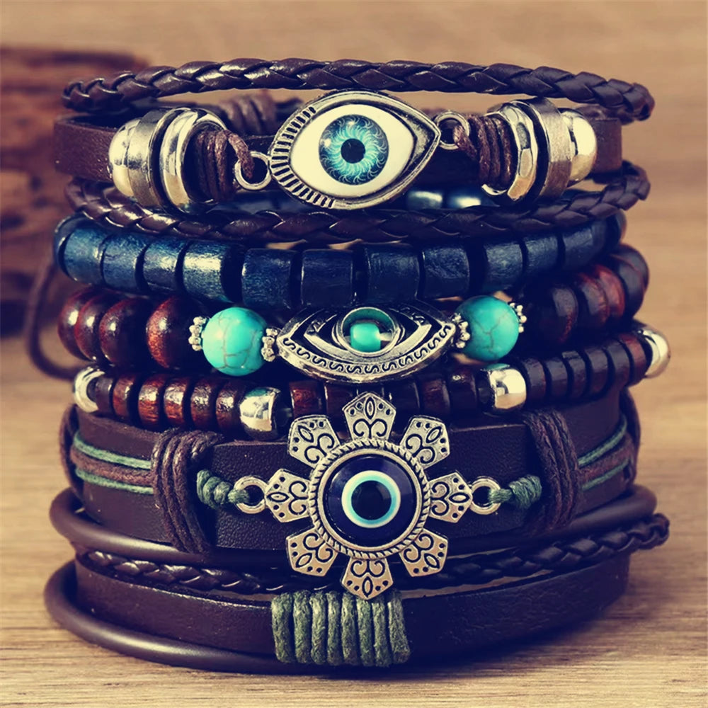 Vintage Feather Casual 6 Pc/set Tree Handmade Men Bracelets Male Women Leather Bracelets Men Bangle Wholesale Jewelry Gift