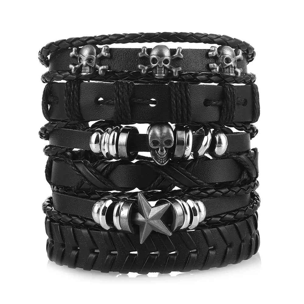 Fashion Bracelet Viking  Bracelet For Men Hand Bracelets Woven Skull Hand Jewelry Adjustable Leather Set viking man bracelet