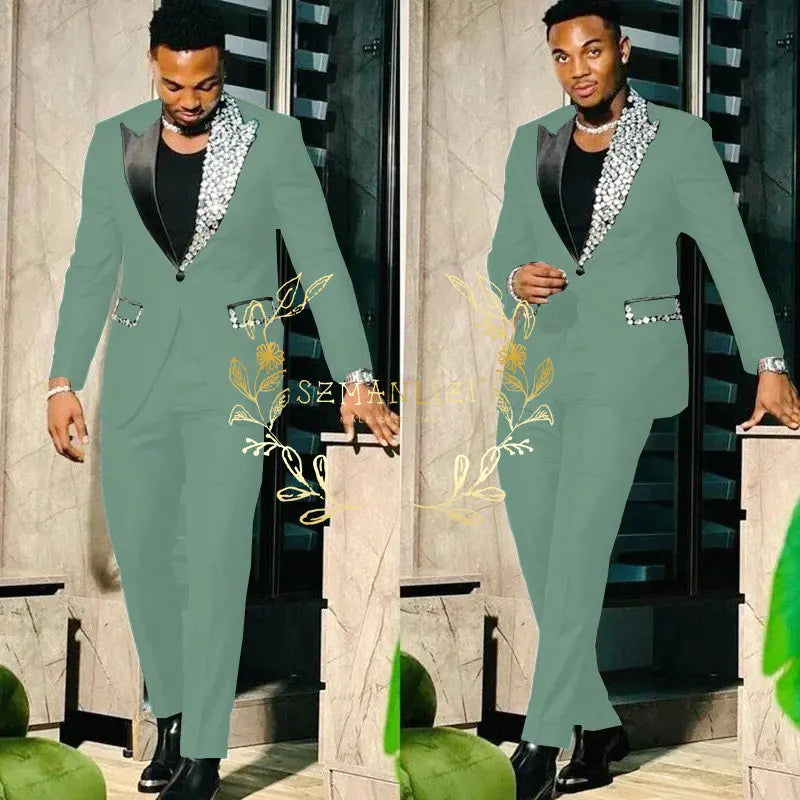 Black Suits for Men Slim Fit Single Breasted Peak Lapel Blazer High Quality Crystal Prom Party 2 Piece Jacket Pants Sets Terno