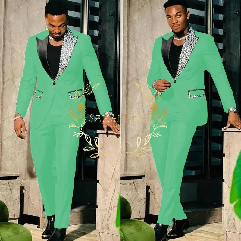 Black Suits for Men Slim Fit Single Breasted Peak Lapel Blazer High Quality Crystal Prom Party 2 Piece Jacket Pants Sets Terno
