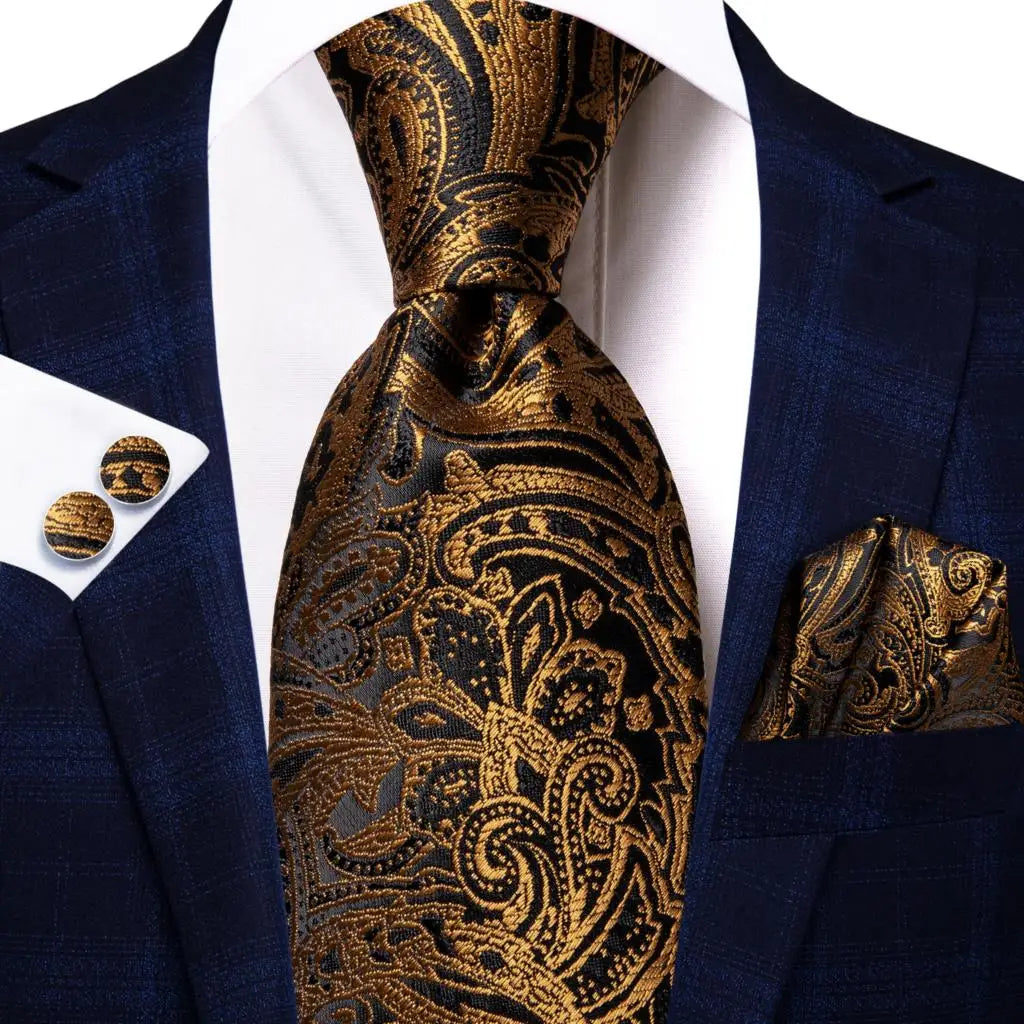Hi-Tie 100% Silk Luxury Mens Ties Floral Black Gold Ties Paisley NeckTie Pocket Square Cufflinks Set Men's Wedding Party Tie