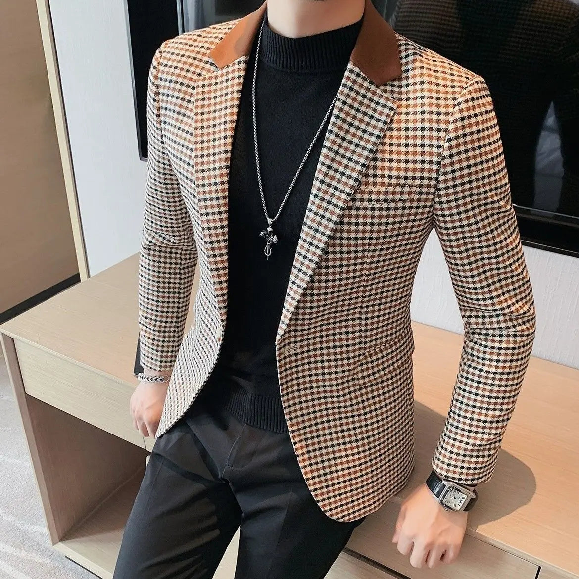 Men’s Plaid Blazer – Korean Style Loose Fit Suit Jacket for Business