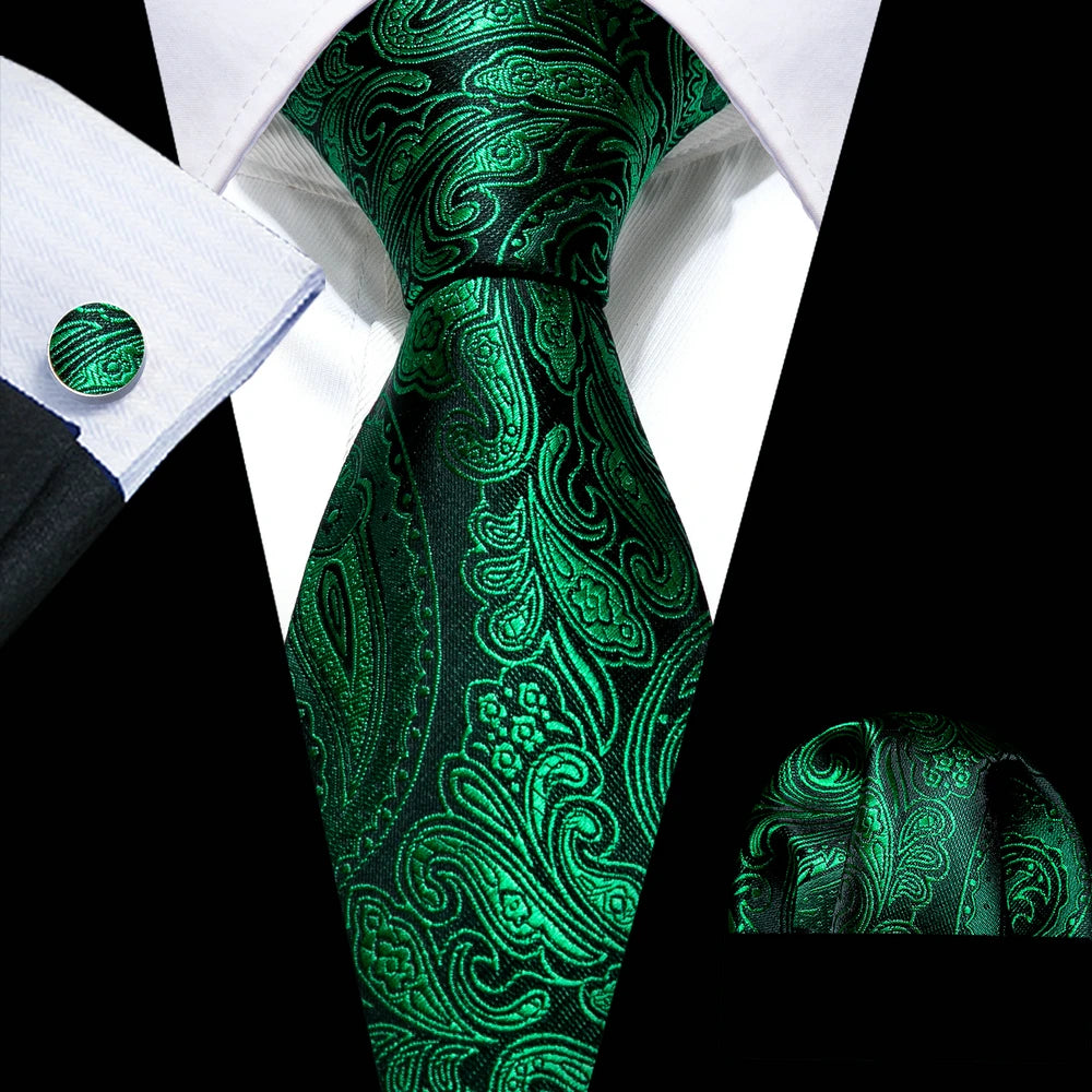 Fashion Silk Men Tie Green Teal Blue Solid Paisley Striped Plaid Floral Animal Necktie Handkerchief Cufflinks Set Barry. Wang