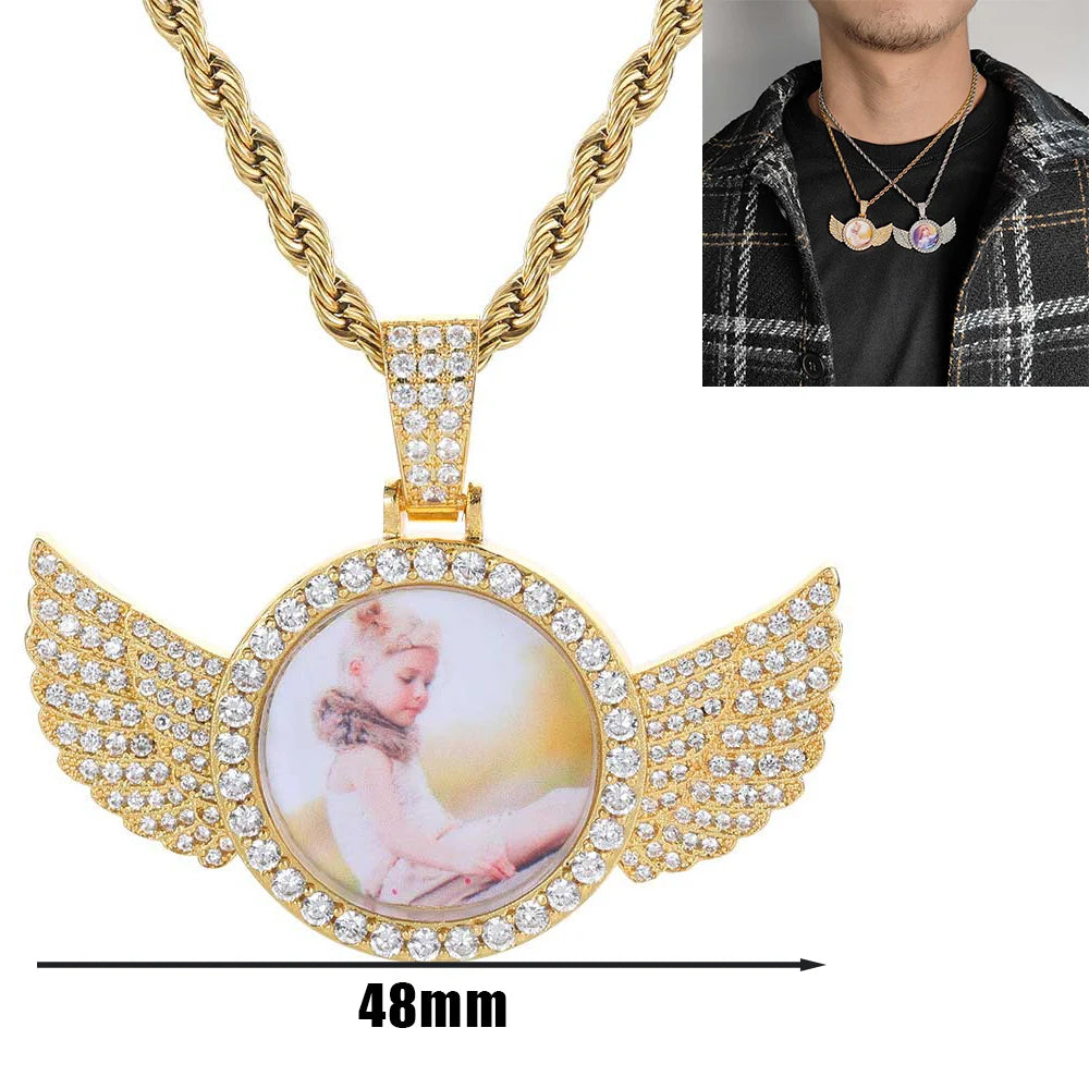 Custom Angel Wing Round Memory Photo Necklace Men Women Personalized Jewelry Customized Picture Pendant Charm with Tennis Chain