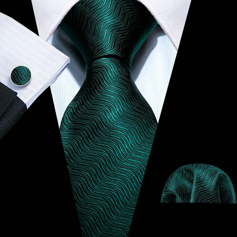 Fashion Silk Men Tie Green Teal Blue Solid Paisley Striped Plaid Floral Animal Necktie Handkerchief Cufflinks Set Barry. Wang