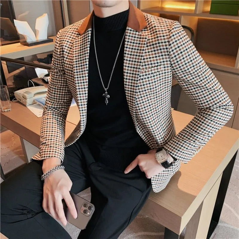 Men’s Plaid Blazer – Korean Style Loose Fit Suit Jacket for Business