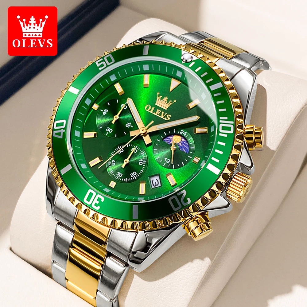 ساعة OLEVS 2870 كرونوغراف كوارتز رجال الأعمال ساعة عصرية مقاومة للماء بمرحلة القمر للرجال ساعة يد أصلية من الفولاذ المقاوم للصدأ