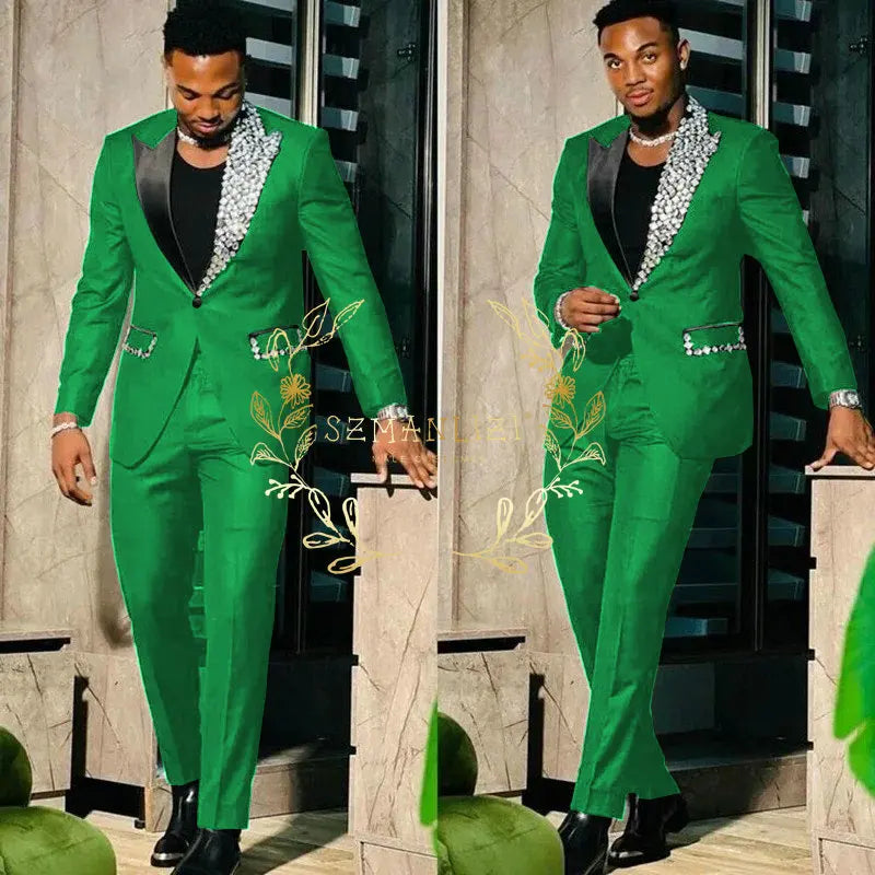 Black Suits for Men Slim Fit Single Breasted Peak Lapel Blazer High Quality Crystal Prom Party 2 Piece Jacket Pants Sets Terno