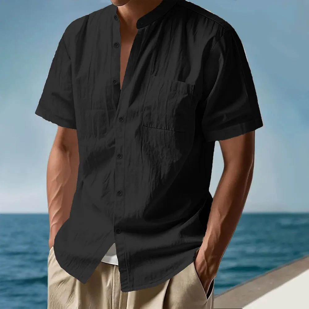 Summer Men's Short Sleeve Shirt Solid Color Casual Single Breasted Cotton Linen Breathable Lightweight Male Basic Style Top
