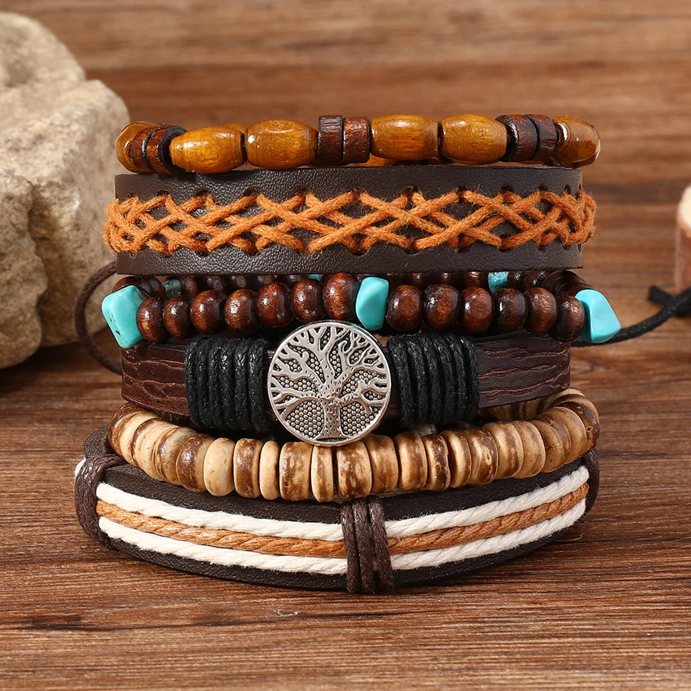 Punk Casual Bead6 Pc/set Tree Black Khaki Handmade Men Bracelets Male Women Leather Bracelets Men Bangle Wholesale Jewelry Gift
