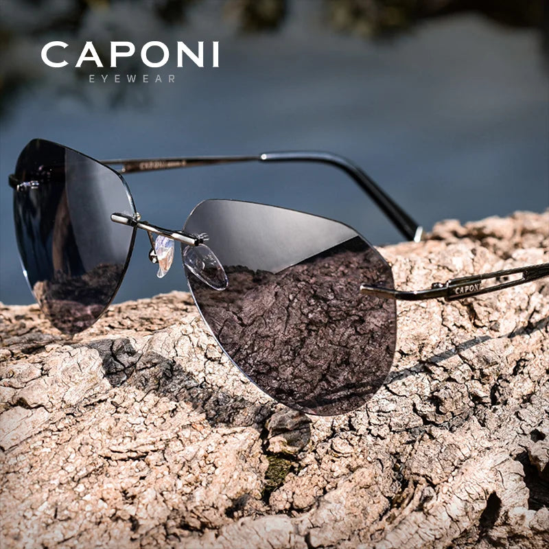 CAPONI Rimless Men's Sunglasses Polarized Photochromic UV400 Outdoor Driving Sun Glasses Titanium Alloy Fashion Eyewear BS22003