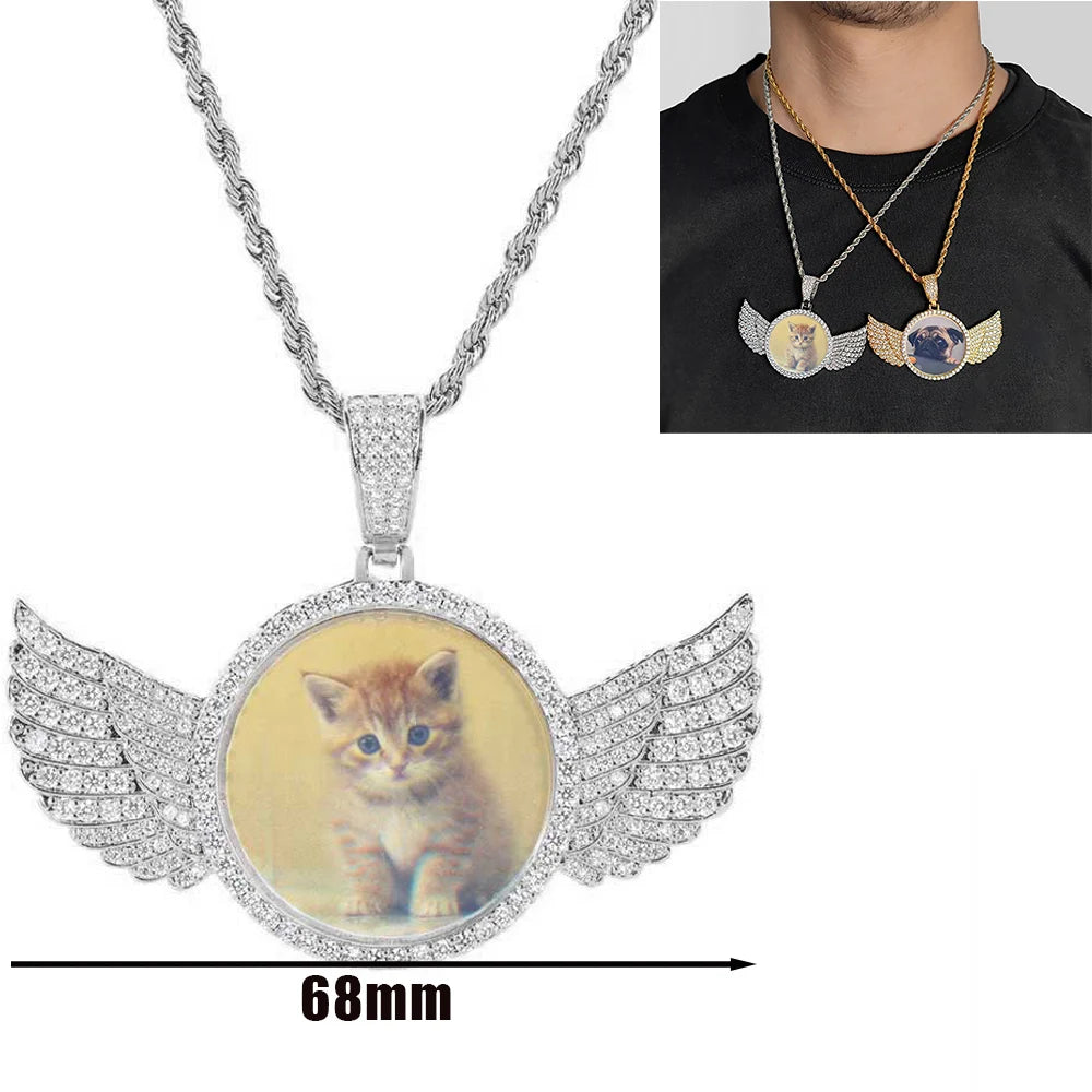 Custom Angel Wing Round Memory Photo Necklace Men Women Personalized Jewelry Customized Picture Pendant Charm with Tennis Chain