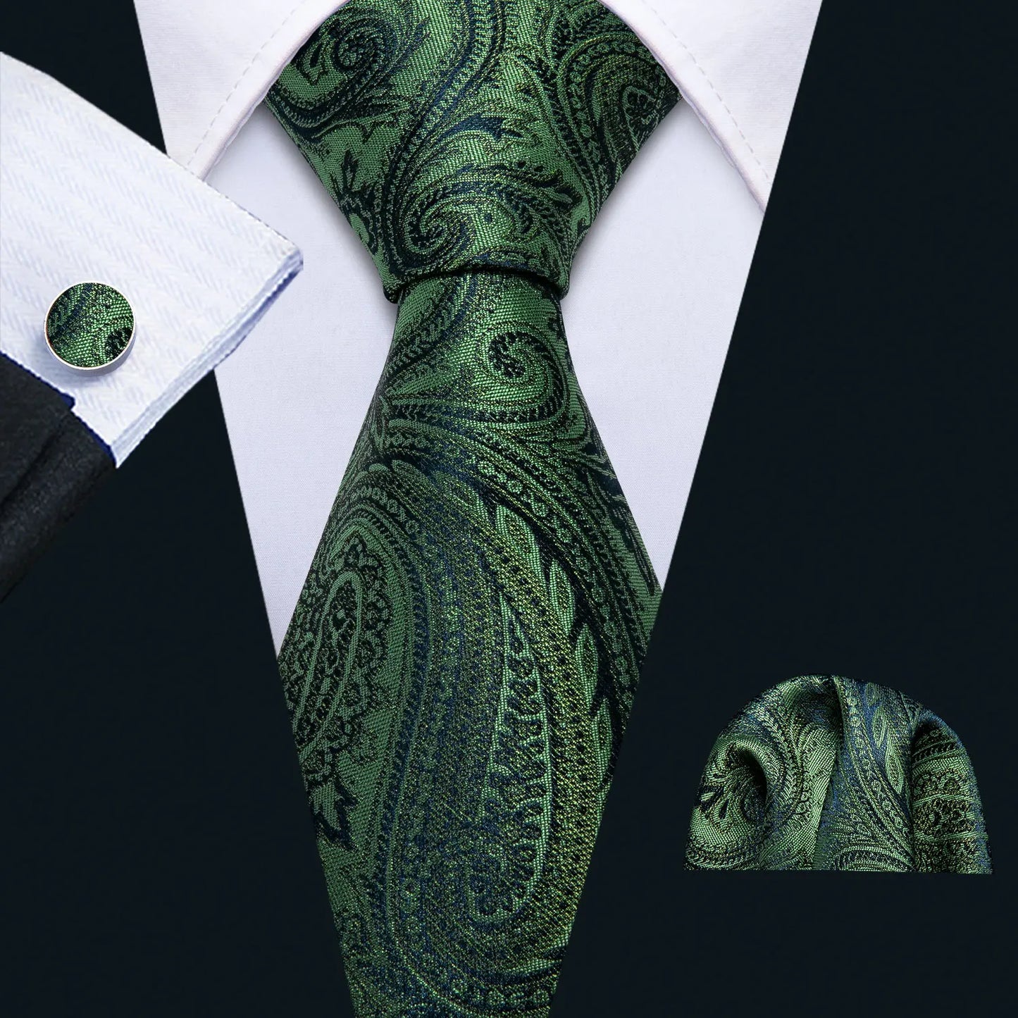 Fashion Silk Men Tie Green Teal Blue Solid Paisley Striped Plaid Floral Animal Necktie Handkerchief Cufflinks Set Barry. Wang