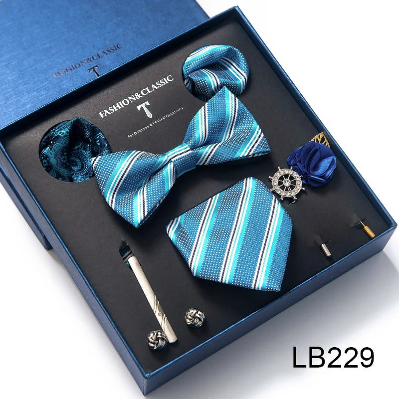 Top Grade Tie For Men Blue Paisley Tie Pocket Squares Cufflink Brooch Set Necktie Box Wedding Accessories Valentine's Day Gifts