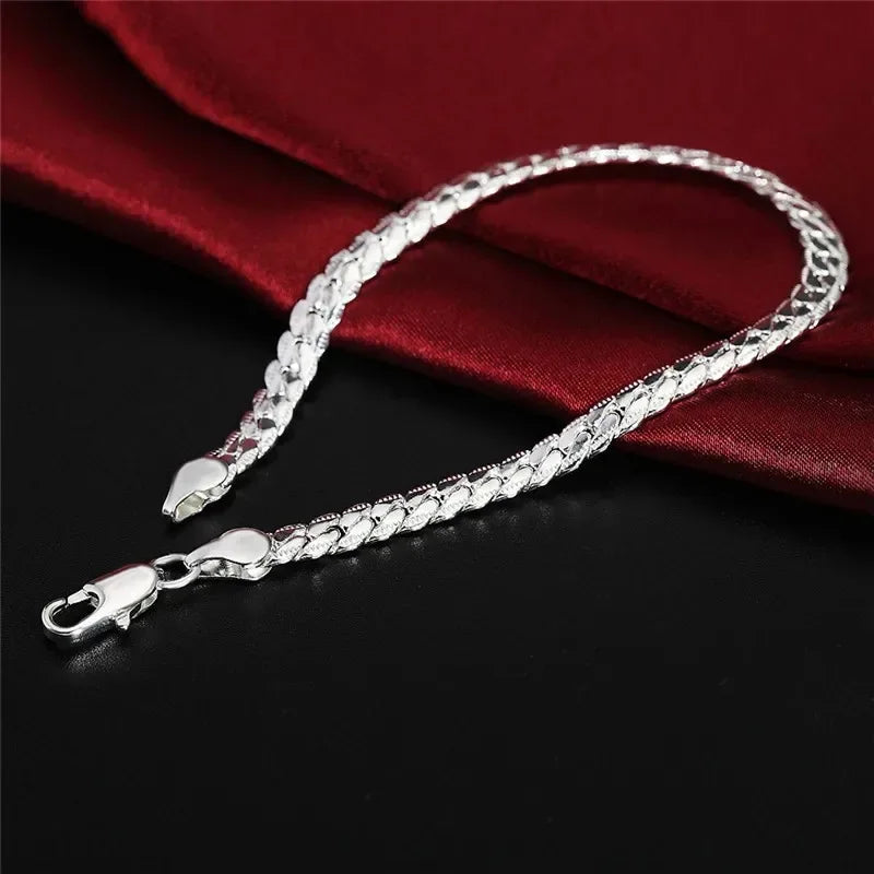 925 Sterling Silver Bracelet 6mm 18cm Flat Side Chain Lobster Clasp For Woman Man Wedding Engagement Jewelry Silver Bracelet