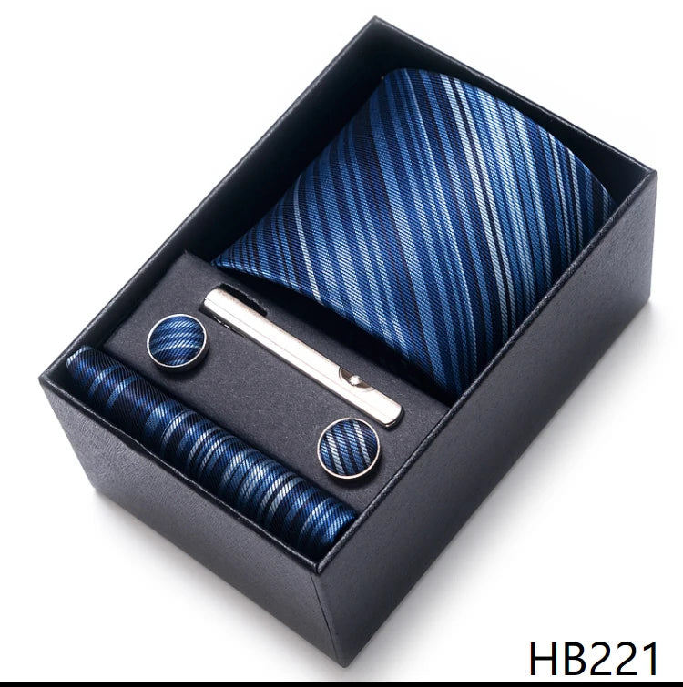 Hot Sale 8 cm Wide Tie Sets Blue Solid Men's Neck Tie Handkerchief Cufflinks Clip Box Wedding Gift Silk Handmade