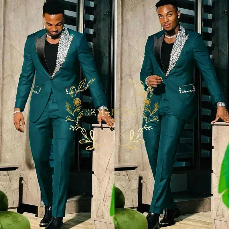 Black Suits for Men Slim Fit Single Breasted Peak Lapel Blazer High Quality Crystal Prom Party 2 Piece Jacket Pants Sets Terno