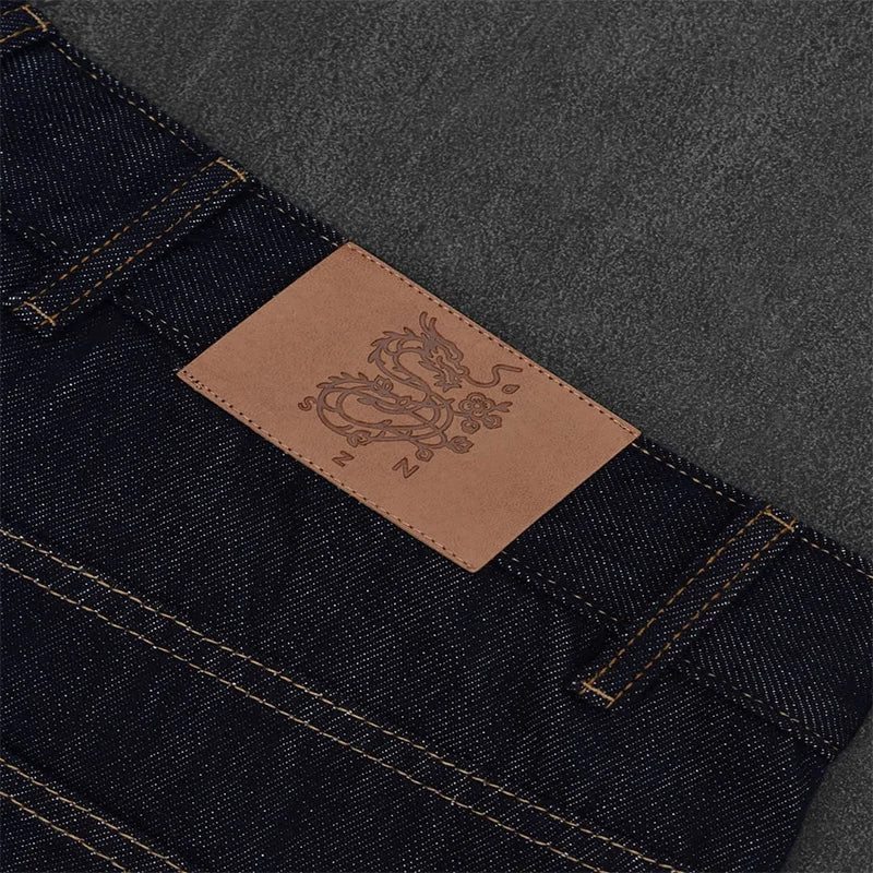 بنطلون جينز فضفاض واسع بنمط أحرف صينية باللون الأبيض بجيوب وبنطلون جينز مستقيم الساق داكن اللون للرجال والنساء بتصميم كلاسيكي غير رسمي مناسب للشارع