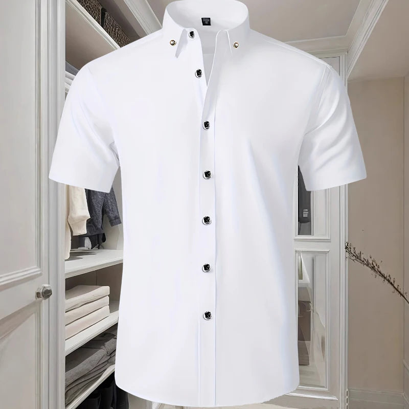 Hot Sale Men's Dress Shirt Formal Thin Business Classic Basic Diamond Button Social White Shirt Short Sleeve Men Clothing
