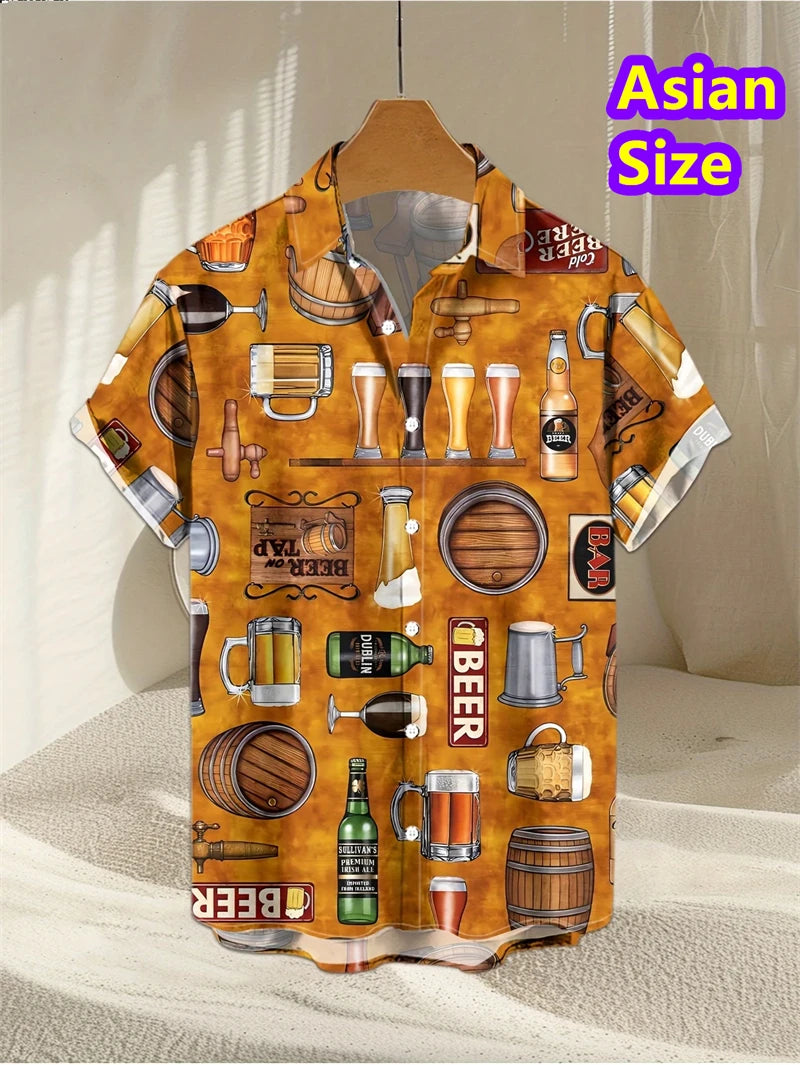 Hawaiian Shirt Man Streetwear Car Beer 3d Print Graphic Street Beach Men's Shirt Casual Short Sleeves Button-down Shirt Man Top