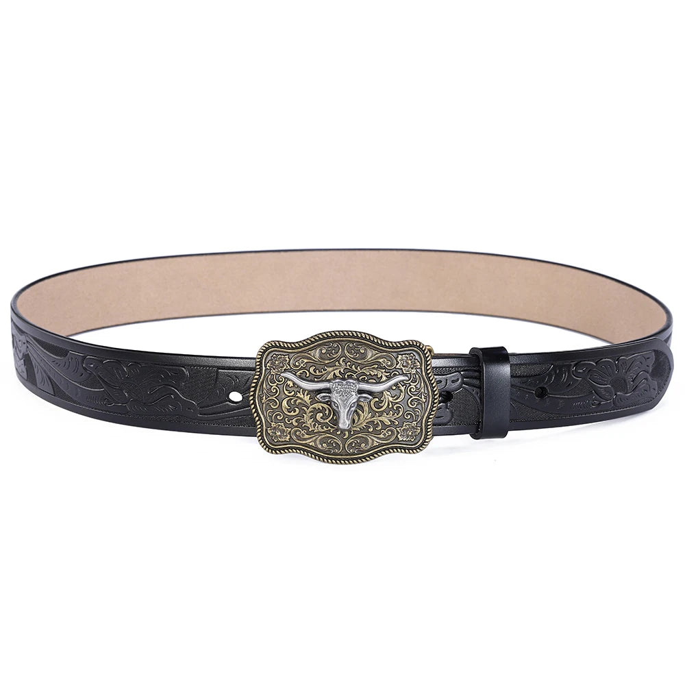 Big Bull Buckle Western Belt for Men High Quality Cowboy Faux Leather Waist Male Belts Floral Engraved Jeans Street Punk 3.8cm