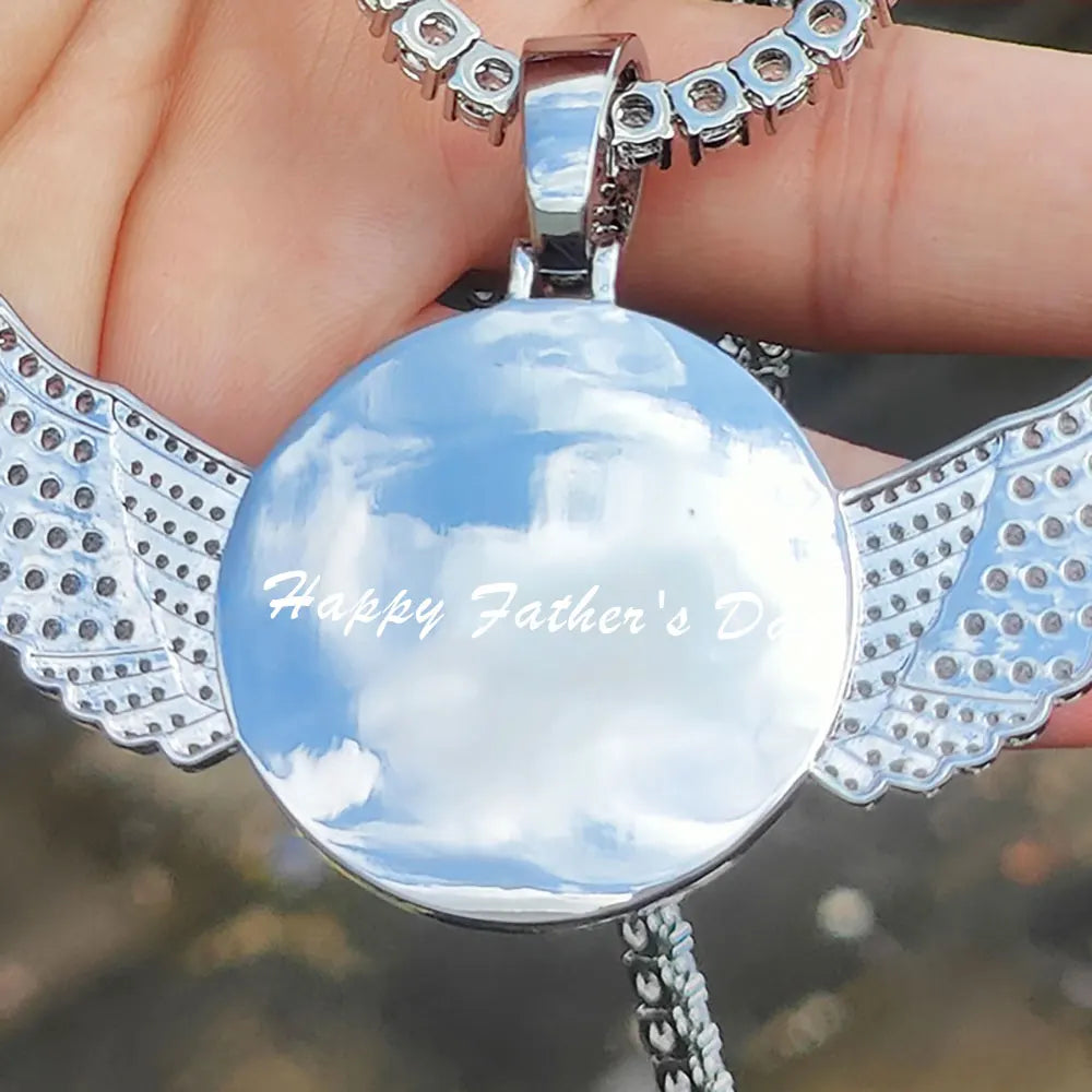 Custom Angel Wing Round Memory Photo Necklace Men Women Personalized Jewelry Customized Picture Pendant Charm with Tennis Chain