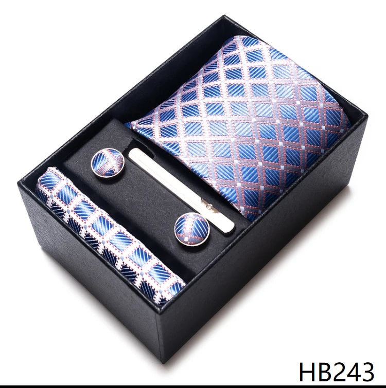 Hot Sale 8 cm Wide Tie Sets Blue Solid Men's Neck Tie Handkerchief Cufflinks Clip Box Wedding Gift Silk Handmade