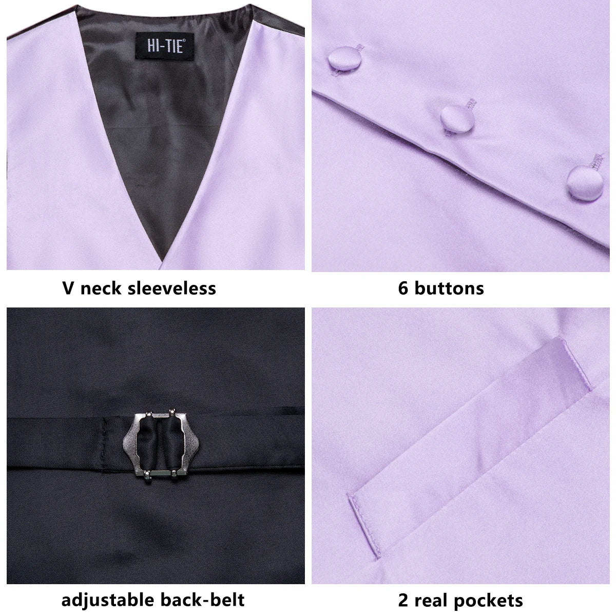 Hi-Tie Solid Voilet Lilac Silk Mens Suit Vest 4PC Woven Waistcoat Tie Pocket Square Cufflink Business Wedding Dress Waist Jacket