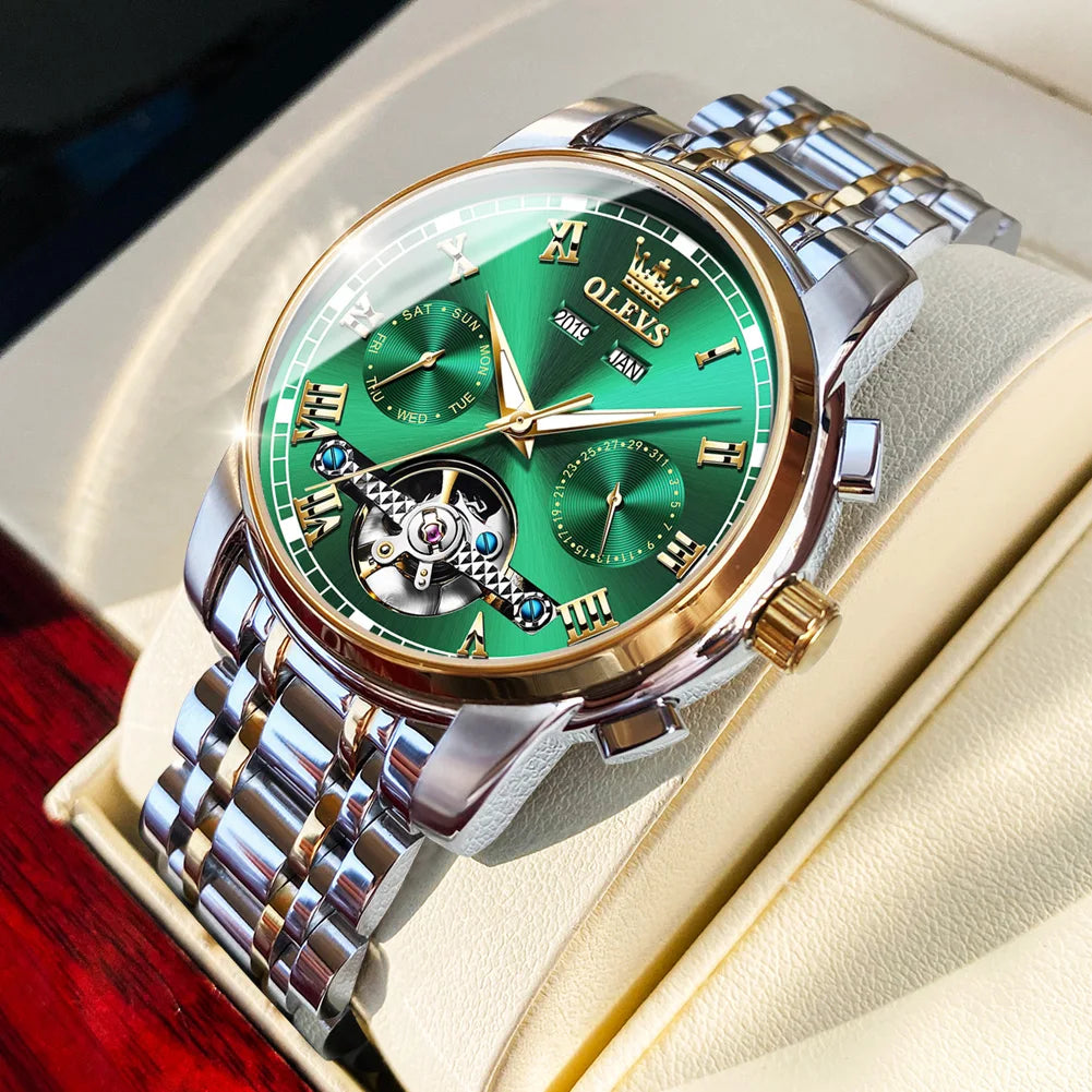 ساعة OLEVS أوتوماتيكية ميكانيكية - مقاومة للماء من الفولاذ المقاوم للصدأ، طراز عمل للرجال