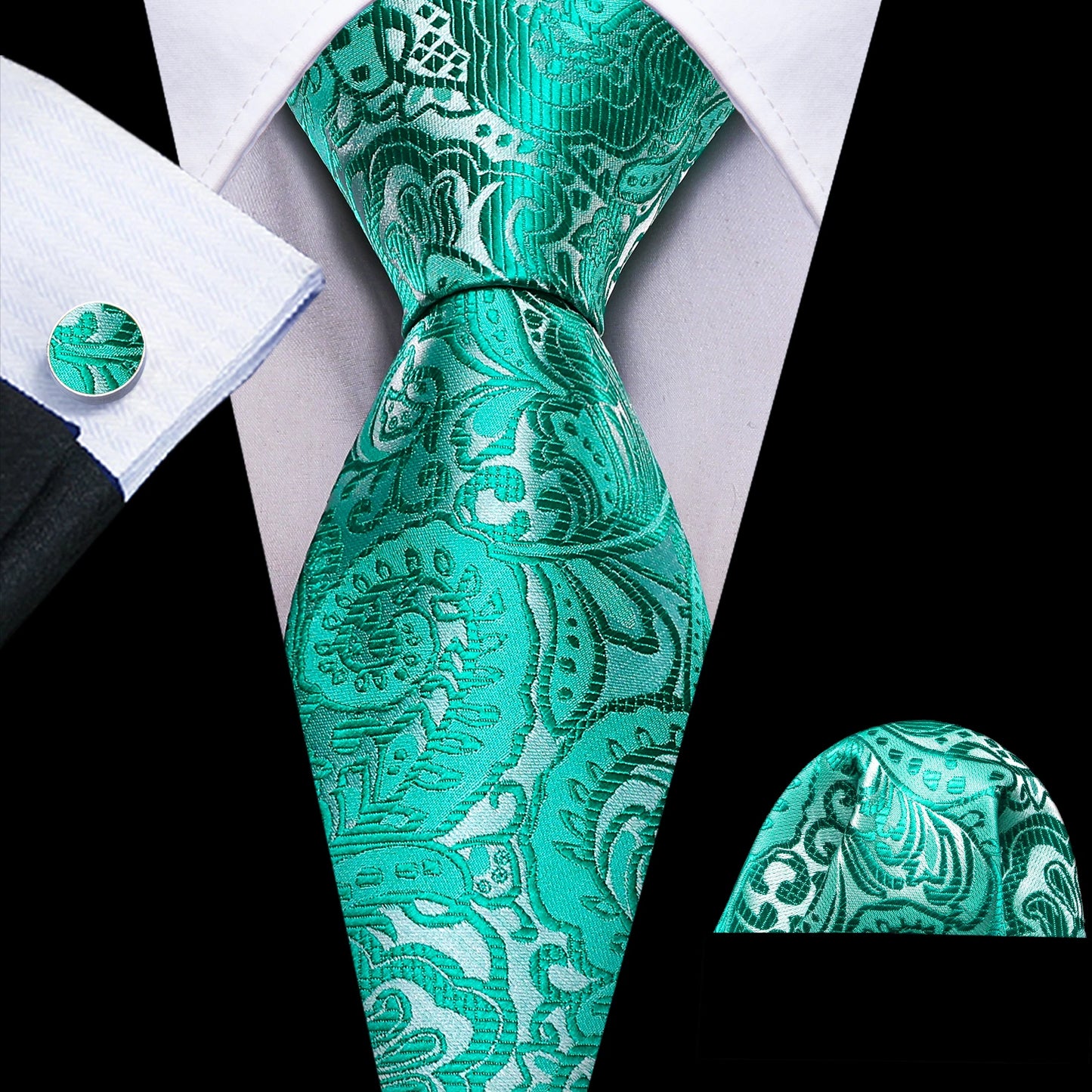 Fashion Silk Men Tie Green Teal Blue Solid Paisley Striped Plaid Floral Animal Necktie Handkerchief Cufflinks Set Barry. Wang