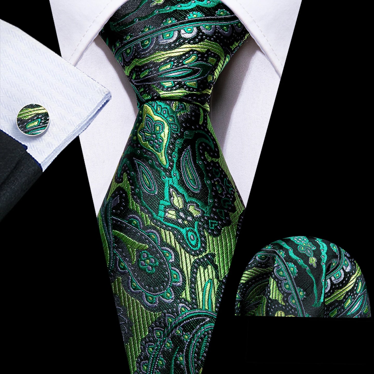 Fashion Silk Men Tie Green Teal Blue Solid Paisley Striped Plaid Floral Animal Necktie Handkerchief Cufflinks Set Barry. Wang
