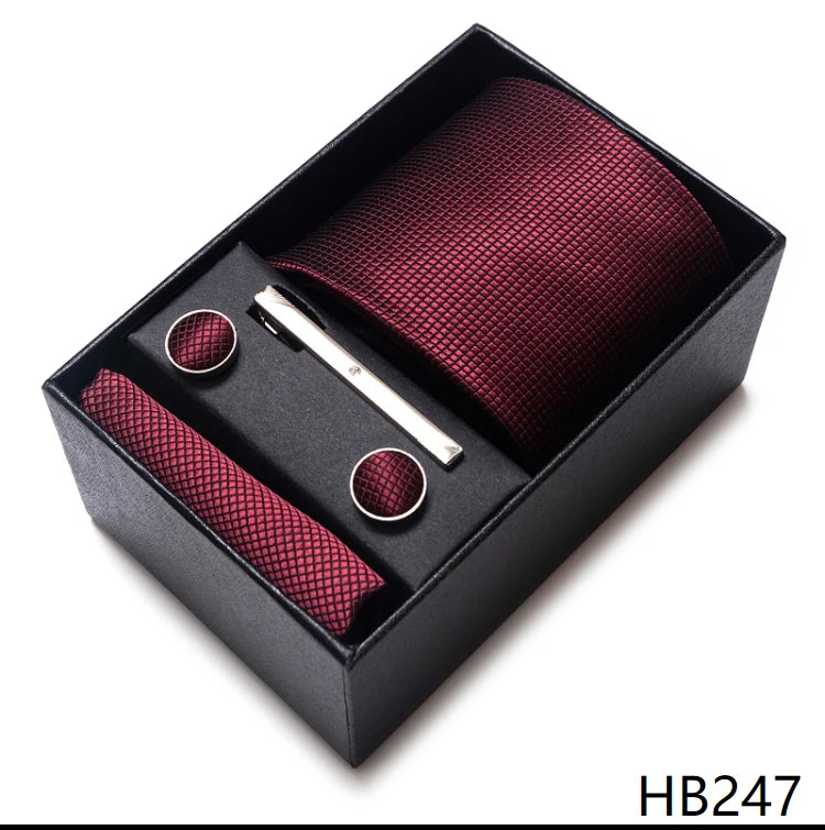 Hot Sale 8 cm Wide Tie Sets Blue Solid Men's Neck Tie Handkerchief Cufflinks Clip Box Wedding Gift Silk Handmade
