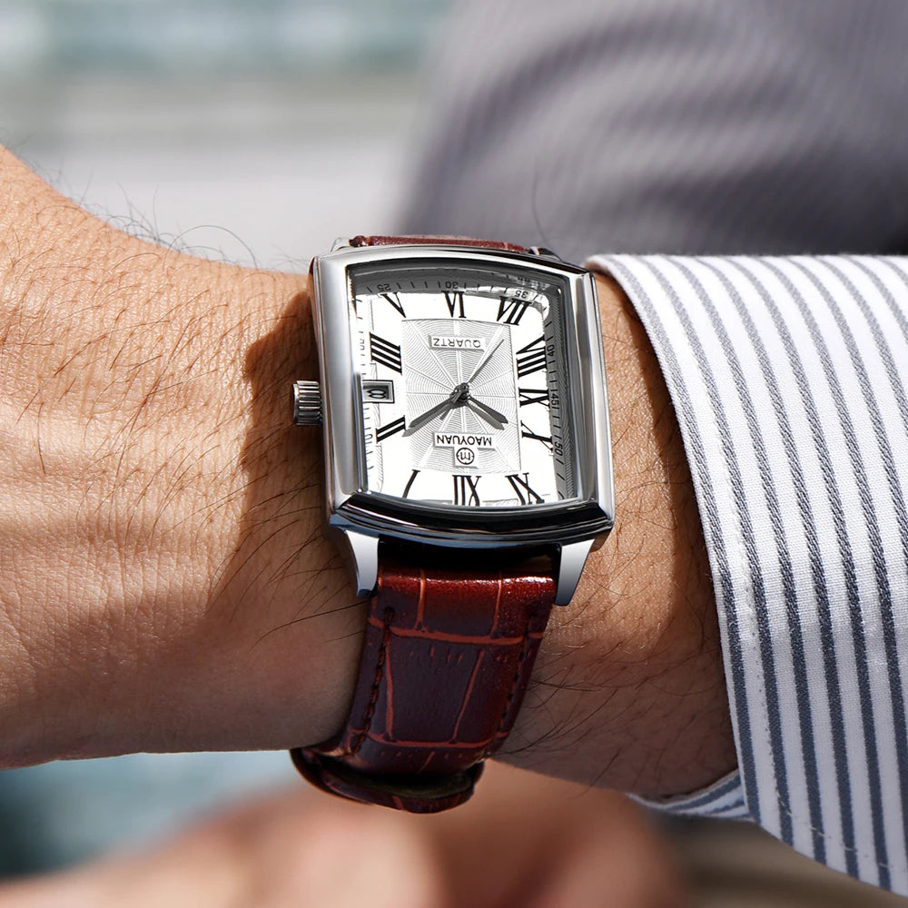 Men’s Leather Quartz Watch – Square Waterproof Sports Wristwatch with Calendar