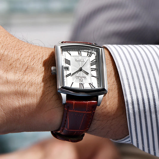 Men’s Leather Quartz Watch – Square Waterproof Sports Wristwatch with Calendar