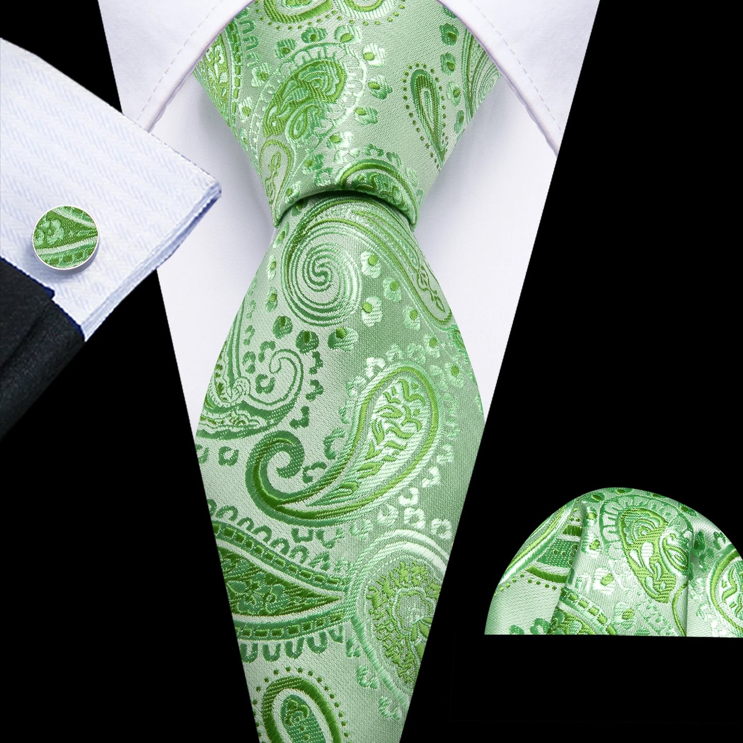 Fashion Silk Men Tie Green Teal Blue Solid Paisley Striped Plaid Floral Animal Necktie Handkerchief Cufflinks Set Barry. Wang