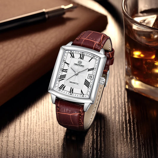 Men’s Leather Quartz Watch – Square Waterproof Sports Wristwatch with Calendar