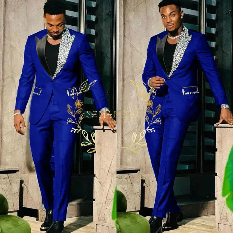 Black Suits for Men Slim Fit Single Breasted Peak Lapel Blazer High Quality Crystal Prom Party 2 Piece Jacket Pants Sets Terno