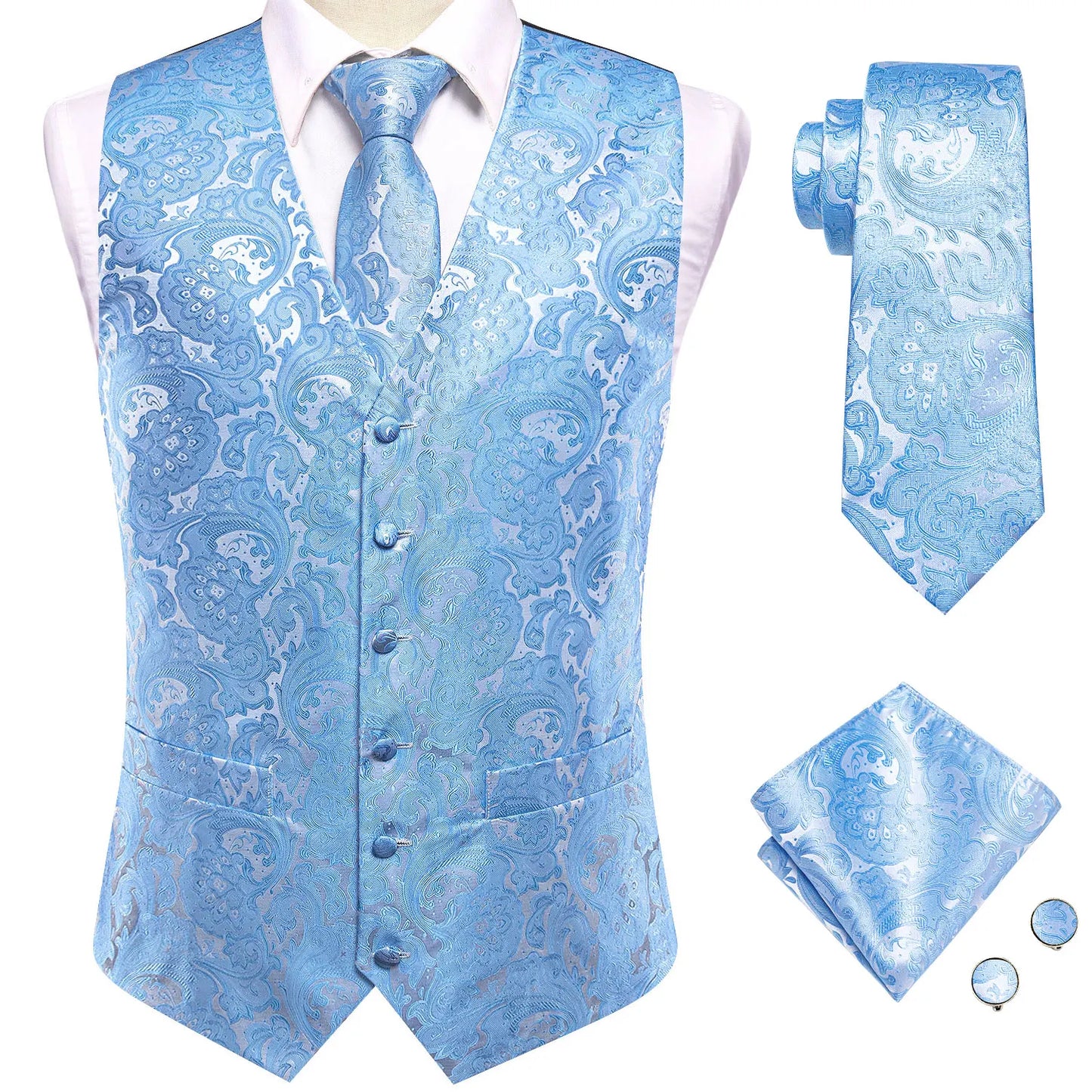 Hi-Tie Solid Voilet Lilac Silk Mens Suit Vest 4PC Woven Waistcoat Tie Pocket Square Cufflink Business Wedding Dress Waist Jacket