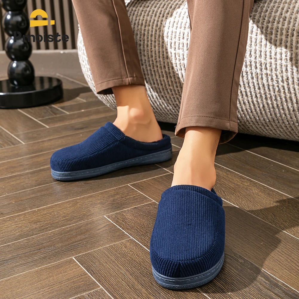 Pmoiste Stripe Corduroy House Shoes Men Warm Soft TPR Cushion Memory Foam Home Slippers Slip On Winter Indoor High-quality