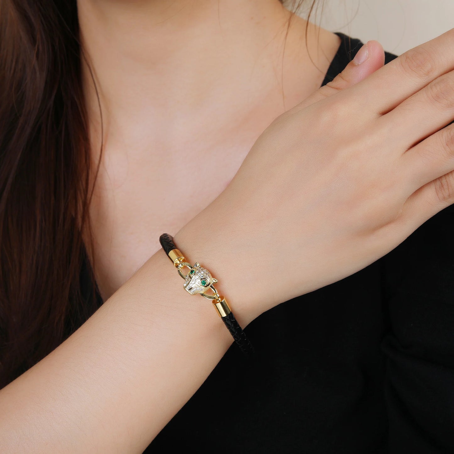 Bully Animal Style Leopard Head Braided Leather Rope Bracelet Fashion for Man Woman Stainless Steel Zirconia Jewelry Daily Wear