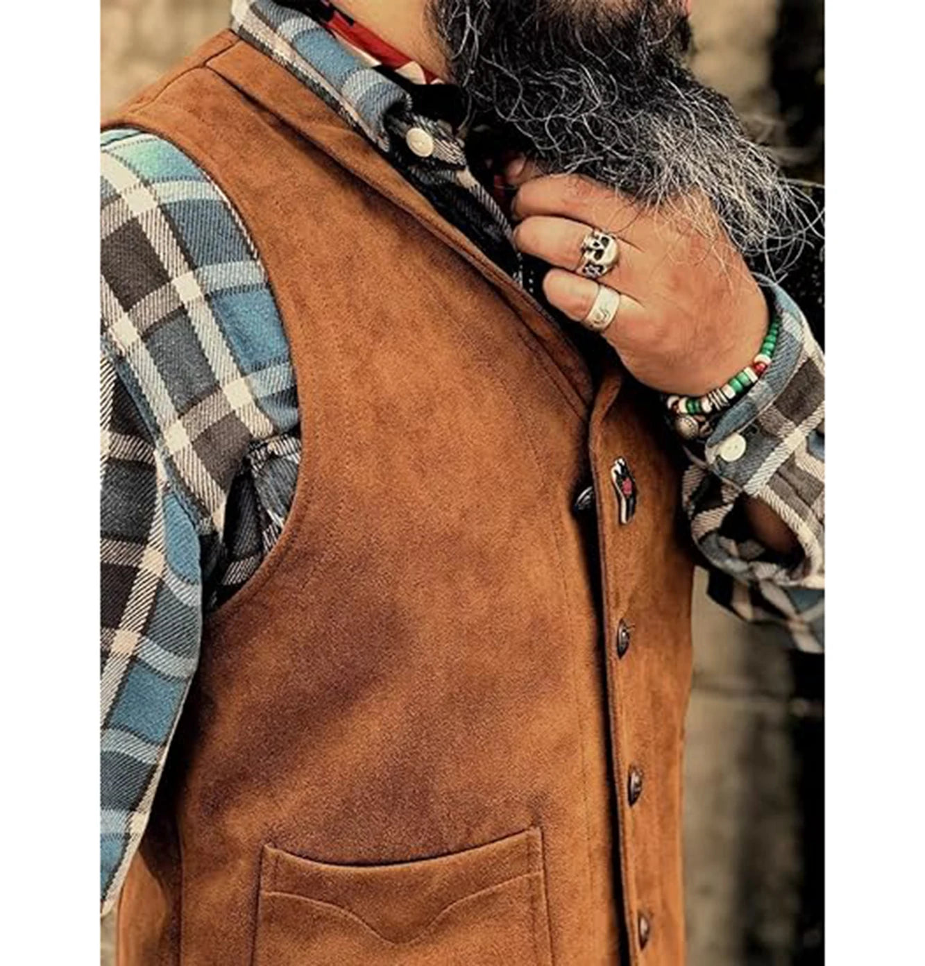 Men's Suede Leather Vest Cowhide Waistcoat Man Western Cowboy Vests with Pockets