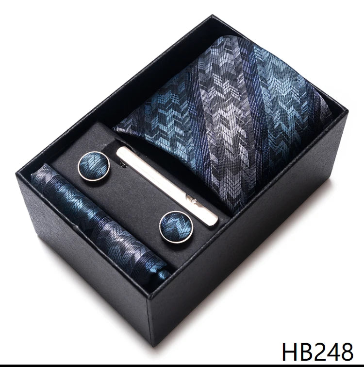 Hot Sale 8 cm Wide Tie Sets Blue Solid Men's Neck Tie Handkerchief Cufflinks Clip Box Wedding Gift Silk Handmade