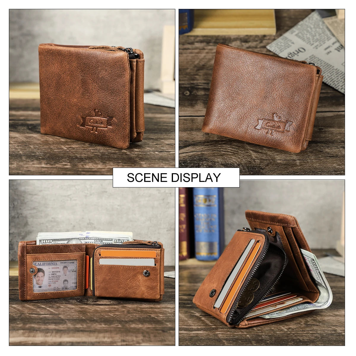 Men’s Leather Wallet – Vintage Crazy Horse Trifold with Zip Coin Pocket – Durable Cowhide Wallet for Daily Use