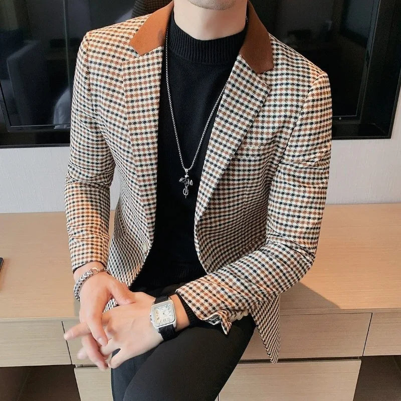 Men’s Plaid Blazer – Korean Style Loose Fit Suit Jacket for Business