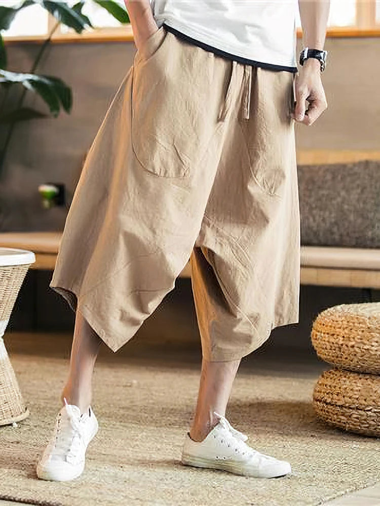 Summer Thin Beach Cotton Linen Casual Shorts Men Japenese Wide Leg Baggy Capris Pants Male Sport Running Shorts 2025 New