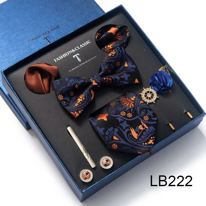 Top Grade Tie For Men Blue Paisley Tie Pocket Squares Cufflink Brooch Set Necktie Box Wedding Accessories Valentine's Day Gifts